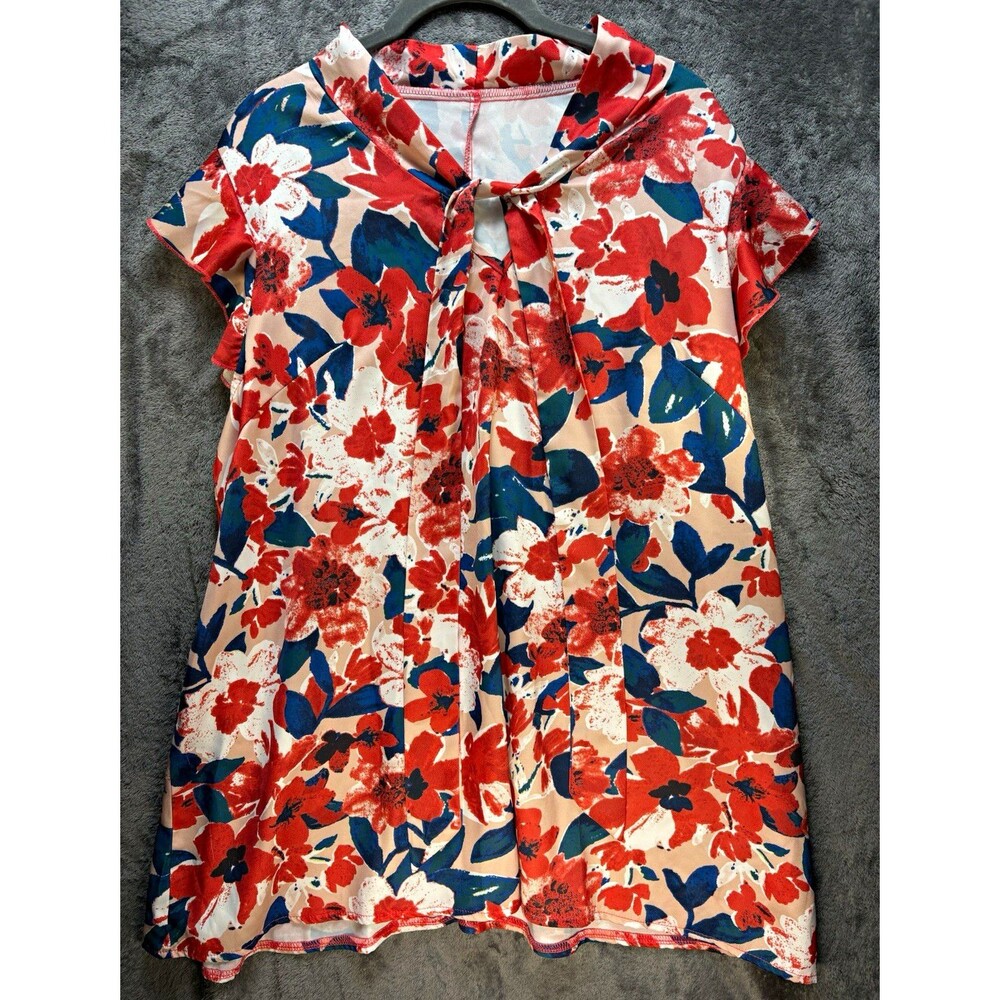 Women’s 2XL Plus Floral Tie Neck Ruffle Flutter Sleeve Blouse